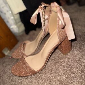 Pink and Gold Block Heel Sandals with Ankle Strap